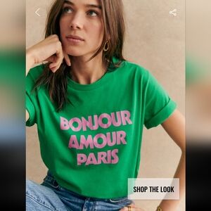 Sezane Bonjour Amour Paris 100% Organic Cotton Green Tee with Pink Print